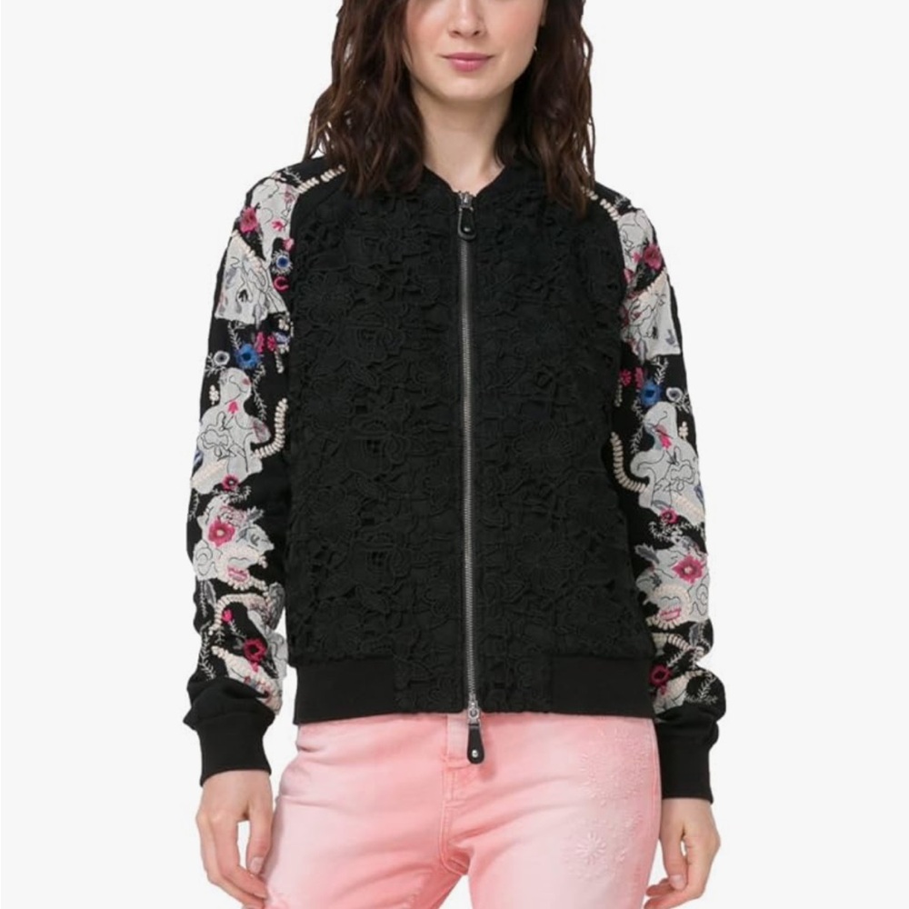 Desigual Black Bomber Jacket with Colorful Embroidery